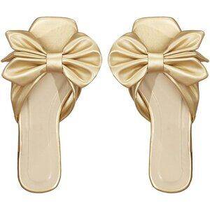 Women's Bow Gold Square Open Toe Breathable Slip On Slide Sandals Flat Shoes